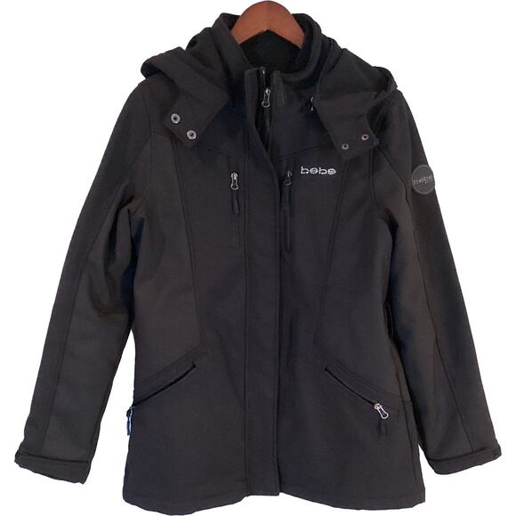 Bebe Versatile Mid-Length Coat Removable Hood & Lining Black Women's Medium - Picture 2 of 9